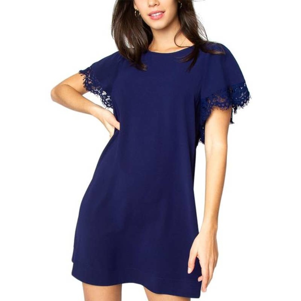 Navy Blue Flutter Sleeve Shift Dress with Eyelash Lace Trim Mini‎ Dress Womens